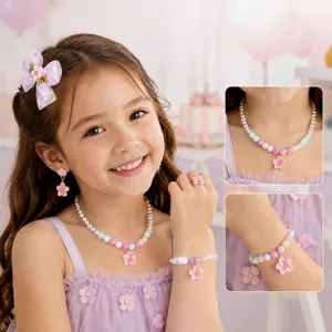 Kids Beaded Jewelry Set Princess Flower Necklace Bracelet Earrings Ring Gift For Little Girls