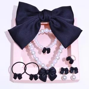 Children sweet bow pearl necklace bracelet ring earrings set girls dress up hair accessories detail view