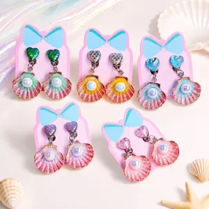 Kids Clip-On Earrings Shell Mermaid Tail Imitation Pearl Pendant Princess Dress Up Birthday Party Jewelry For Girls