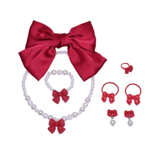 Children red bow pearl necklace bracelet rings earrings set sweet hair accessories