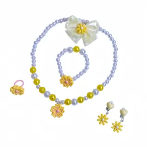 Children beaded necklace bracelet cute flower jewelry set for little girls daily wear party