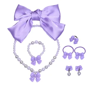 Kids purple bow pearl necklace bracelet ring hair clip set sweet girls jewelry accessories