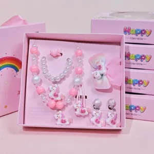 Kids unicorn jewelry gift set pink necklace bracelet ring hair clips cute accessories for girls