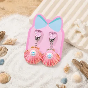 Kids clip-on earrings, cute pink heart shell imitation pearl pendant for girls party dress up main view.