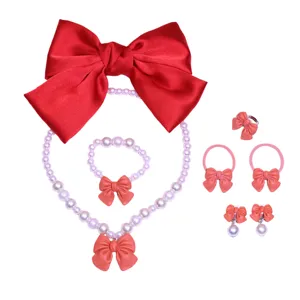 Children sweet bow pearl necklace bracelet ring hair clip set detail view for girls dress up.