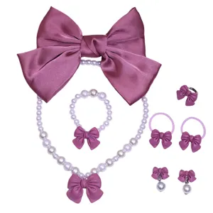Children cute bow pearl necklace bracelet ring hair clips jewelry set for sweet girls