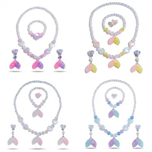 Kids Cartoon Mermaid Tail Beaded Necklace Bracelet Earrings Ring Jewelry Set Cute Princess Accessories