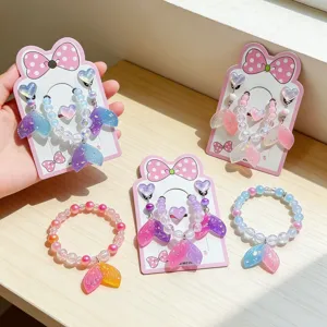 Kids cute cartoon mermaid tail jewelry set with earrings rings and bracelets for girls