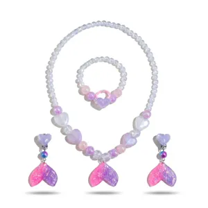 Kids mermaid tail beaded necklace bracelet ring earrings set cute princess jewelry accessories