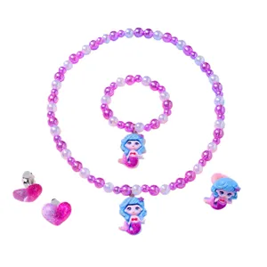 Kids mermaid pearl necklace bracelet set, cute princess style jewelry for girls 5pcs.