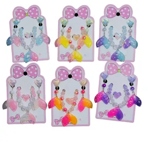 Kids cartoon bracelet ring clip-on earrings cute mermaid tail jewelry set for girls