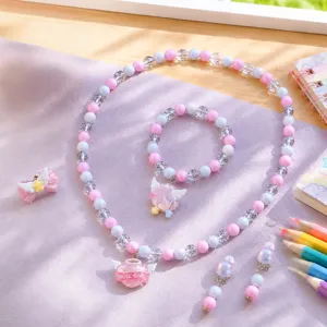Kids cartoon pearl necklace bracelet earrings ring set cute princess fashion jewelry