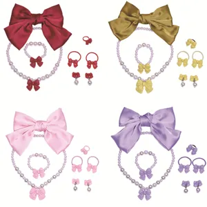Kids Jewelry Set Cute Bow Imitation Pearl Necklace Bracelet Ring Ear Clips Girls Sweet Dress Up Accessories