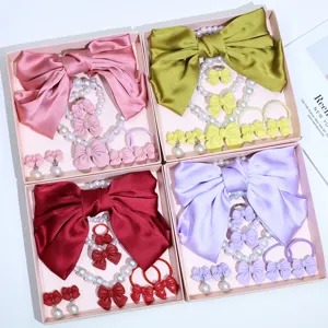 Childrens necklace set bow hair clip pearl jewelry gift box for cute little girls