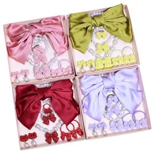 Kids bow hair accessories set with pearl necklace, earrings and rings for sweet little girls daily.