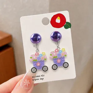 Cute clip-on earrings for kids with purple ball and lovely flower cart pendant design, pain-free.