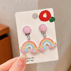 Cute children clip-on earrings with glitter stud and colorful rainbow flower pendant.