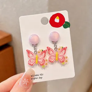 Cute children pink butterfly clip on earrings non pierced sweet ear jewelry for girls