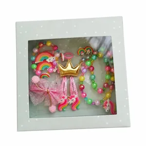 Children jewelry set gift box with colorful beads unicorn hair clips and necklace for girls.