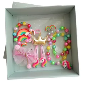 Cute unicorn rainbow beaded necklace bracelet hair clip jewelry gift box set for girls