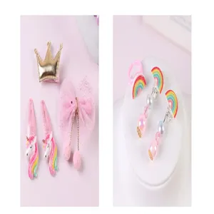 Children hair clip and jewelry set, cute unicorn and rainbow accessories set detail.