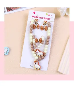 Kids pearl beaded jewelry set cute unicorn necklace bracelet ring and earrings gift
