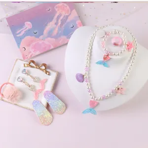 Children pastel mermaid jewelry set necklace bracelet rings earrings hair clips detail set