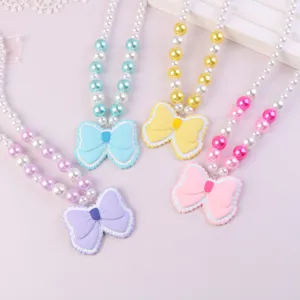 Cute kids resin bow necklace set with colorful pearl beads, sweet princess jewelry for girls.