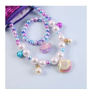 Children mermaid pearl necklace bracelet set cute shell pendant jewelry for little girls
