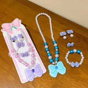 Kids pearl necklace bracelet ring earrings set cute large bow children jewelry accessories