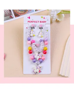 Children pearl necklace jewelry set with unicorn charms for girls birthday gifts party.