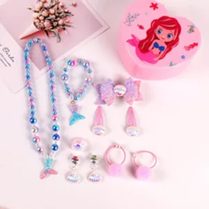 Children Mermaid Theme Beaded Necklace Bracelet Hair Clip Jewelry Gift Set for Girls
