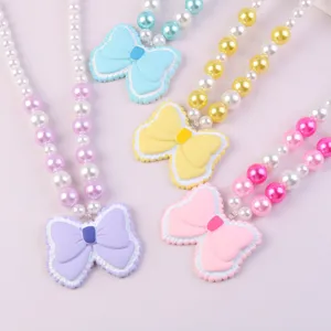 Cute resin bowknot pearl necklace set for kids, sweet princess jewelry accessory for girls.