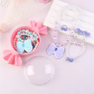 Kids pearl necklace bracelet set cute resin bow korean princess girls jewelry item