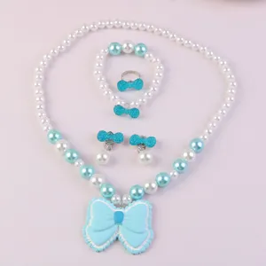 Kids pearl necklace bracelet ring earrings set with cute blue resin bow for little girls