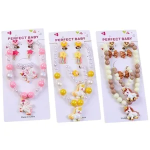 Kids Pearl Necklace Bracelet Ring Earrings Set Cute Cartoon Unicorn Princess Jewelry Gift For Girls Party