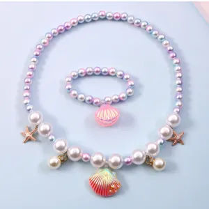 Kids mermaid pearl necklace bracelet set with seashell starfish pendant for girls party dress up