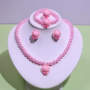 Children pink pearl necklace bracelet earrings ring set, cute princess cartoon hat jewelry.