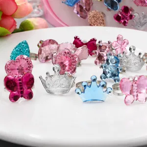 Children's crystal rhinestone adjustable ring set, cute cartoon designs, colorful party jewelry.