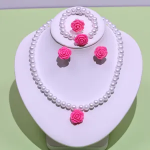 Children pearl necklace set with pink rose design, cute girl jewelry accessories.