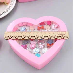 Kids ring set in heart shaped box, adjustable crystal rhinestone cartoon rings for girls