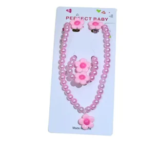 Kids pink pearl necklace bracelet ring earrings set cute flower jewelry for girls