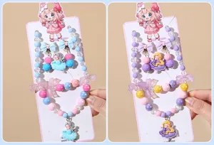 Kids princess beaded necklace bracelet set cute cartoon hair accessories gift for girls.