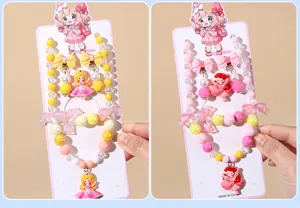 Kids princess beaded necklace bracelet earrings set with cute cartoon pendant jewelry gift.