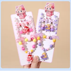 Children beaded necklace bracelet earrings set with cute cartoon princess pendants for girls