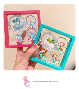 Children mermaid bracelet ring set cute cartoon hair rope transparent frame kids jewelry gift