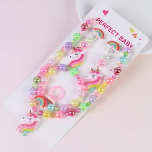 Kids unicorn beaded necklace bracelet ring earrings jewelry gift set for girls cute design