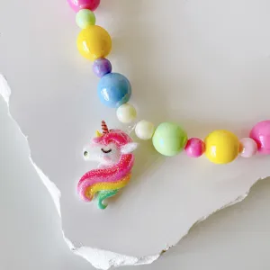 Cute kids beaded necklace with sparkling unicorn pendant, colorful DIY jewelry gift for girls.