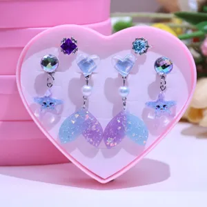 Cute kids clip-on earrings set mermaid tail star rings sweet little girl jewelry gift