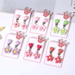 Children Clip On Earrings Cute Heart Flower Resin Stud Earrings For Little Girls Sweet Multi Color Ear Jewelry Kids Gift